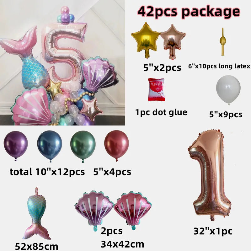 Little Mermaid Theme Party 1-9 Number Foil Balloon Set with Mermaid Tail Balloons Kids Birthday Party Decoration Supplies