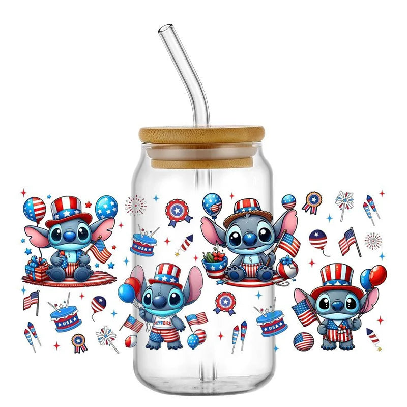 Miniso Stitch 16oz UV DTF Cup Wrap Cartoon Transfers Libbey Wrap Tumbler DIY Logo Sticker Glass Can Selfadhesive Waterproof
