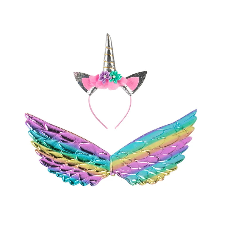Unicorn Headband Girls' Fairy Rainbow Wings Flowers Headwear Accessory Unicorn Birthday Party Decoration Princess Dress Up Toys