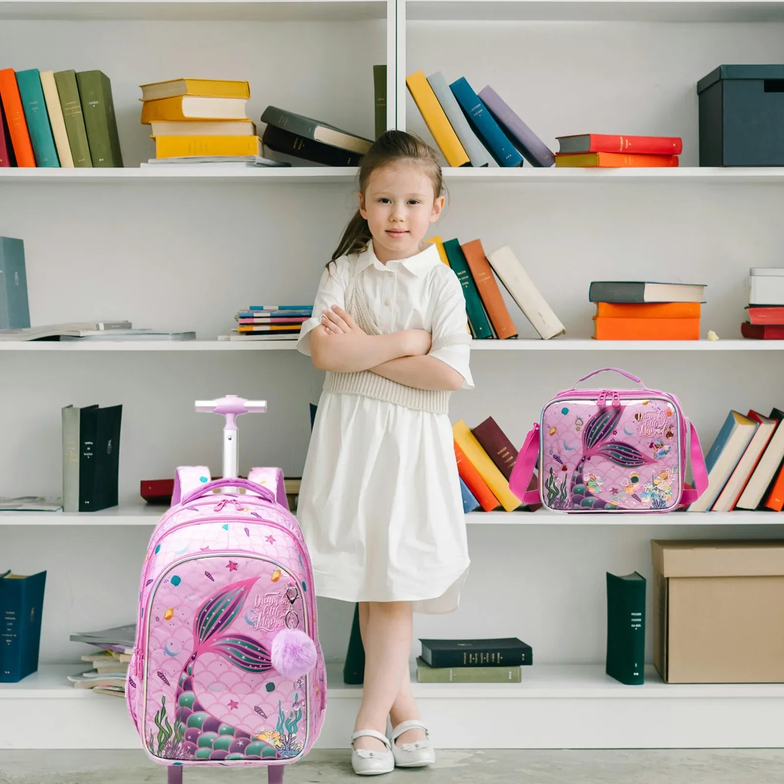 Children's School Backpack with Wheels Kids Wheeled School Bag Teenagers Bag Girls Canvas Backpack Travel Luggage Trolley Bags
