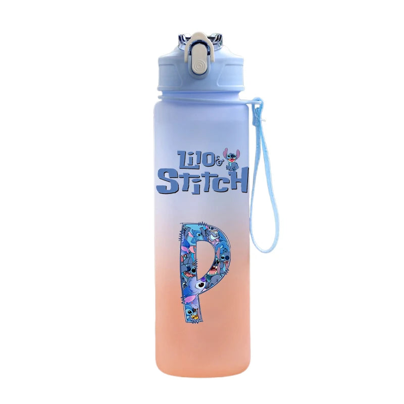 750ml Letter A-Z Printed Lilo Stitch Water Bottle Anime Large Capacity Drinking Cup Portable Outdoor Sports Water Cup kid Gift