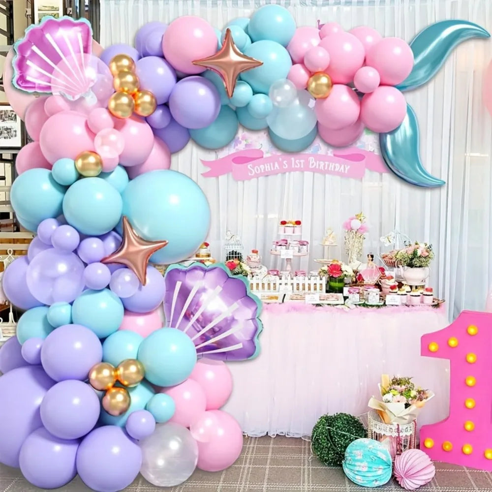 99PCS Mermaid Themed Balloon Garland Arch Set Suitable for Birthday Parties and Celebration Decorations, Indoor and Outdoor Use