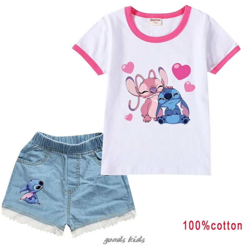 Lilo And Stitch Summer Kids Clothes Toddler Girls Casual Outfits Girl Costume Boys Tshirts+Denim Shorts Suits