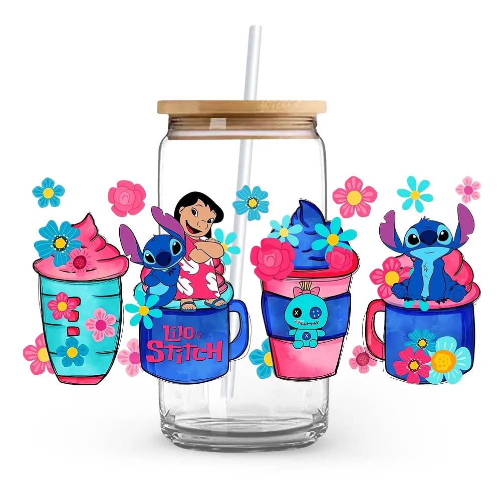Stitch Love Cartoon Anime Stickers Romantic UV DTF Transfer Sticker Self-Adhesive Individualized Cup Adornments