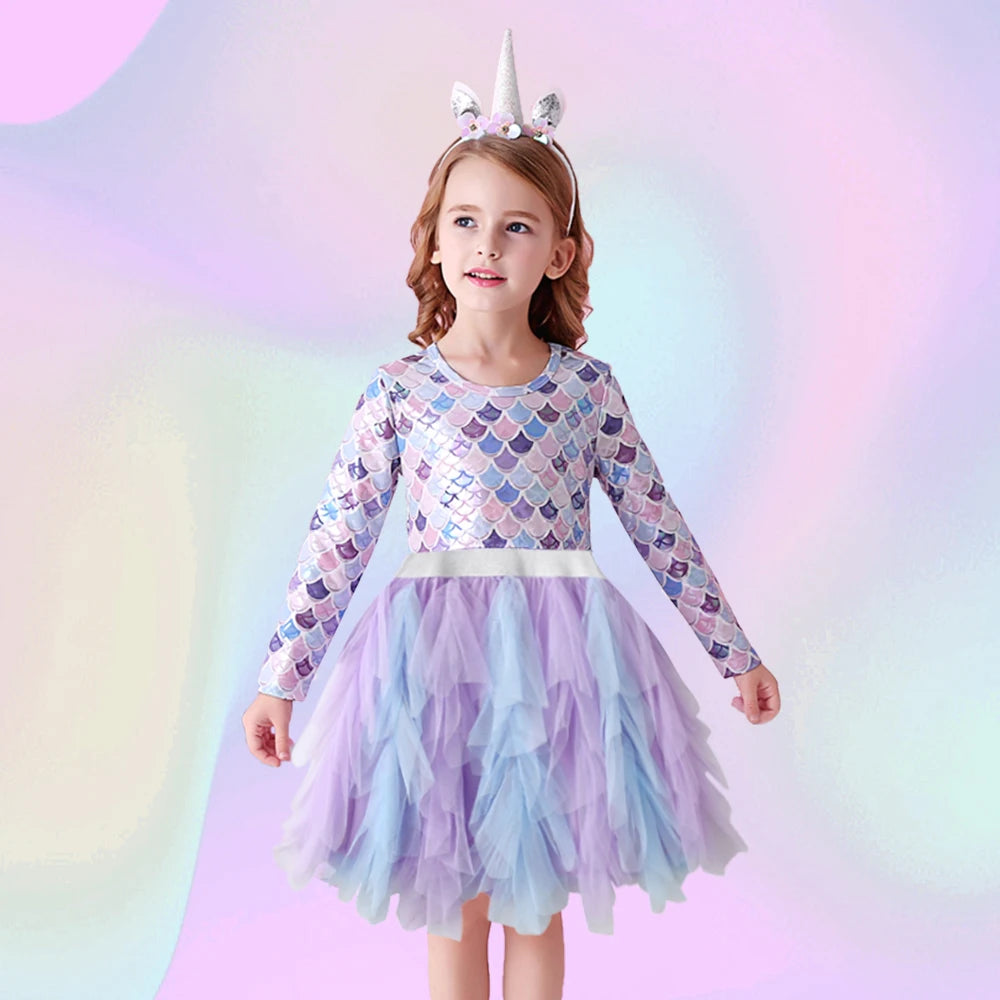 DXTON Autumn Princess Dress Mermaid Children Birthday Party Girls Dress Irregular Layered Prom Kids Long Sleeve Costumes 3-8Y