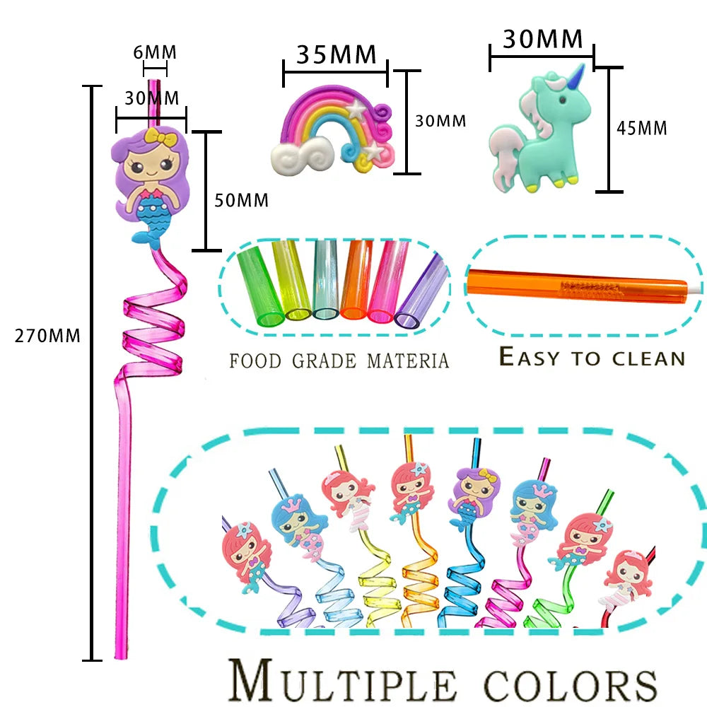 8-24PCS Curly Colored Reusable Children's Straws, Mermaid, Rainbow, Little Mary Straws For Princess Birthday Party Decorations
