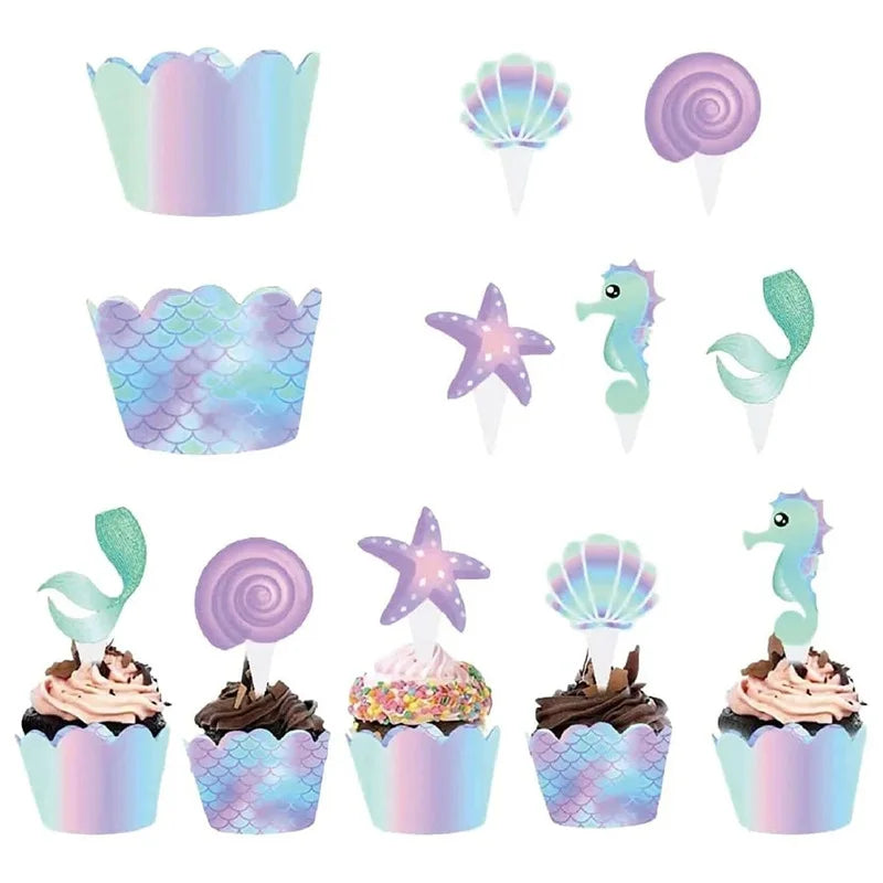 40pcs/set Ocean Theme CupCake Toppers Wrappers Mermaid Sea Star Shell Birthday Party Favor Cake Decor Supply
