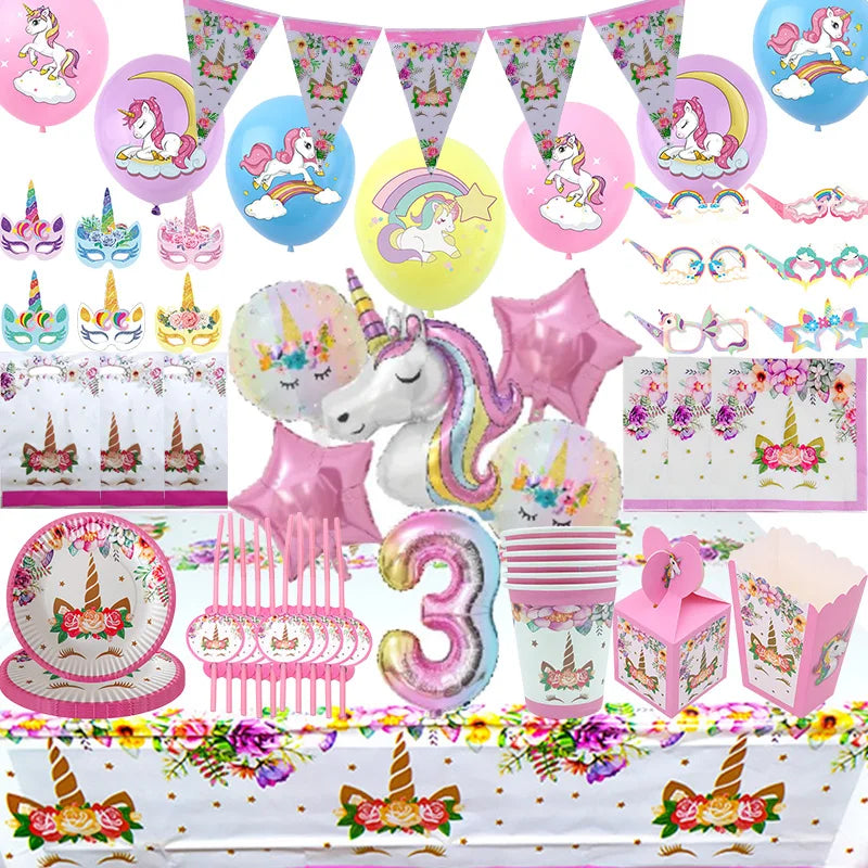 Unicorn Birthday Decoration Face Mask Gift Bags Tablecloth Unicorn Happy Birthday Balloons Candy Box Kids Birthday Party Favors