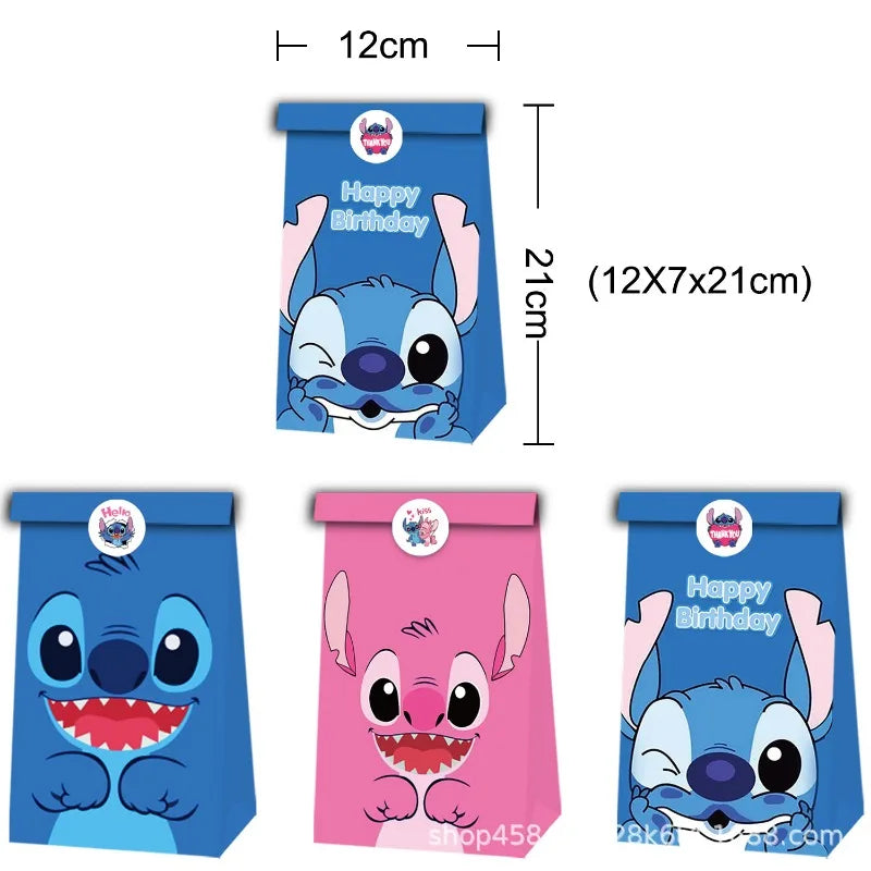 12Pcs Stitch Theme Gift Bag Stitch Animation Pattern Birthday Party Candy Gift Kraft Paper Bag Birthday Gift Box Bag Stickers