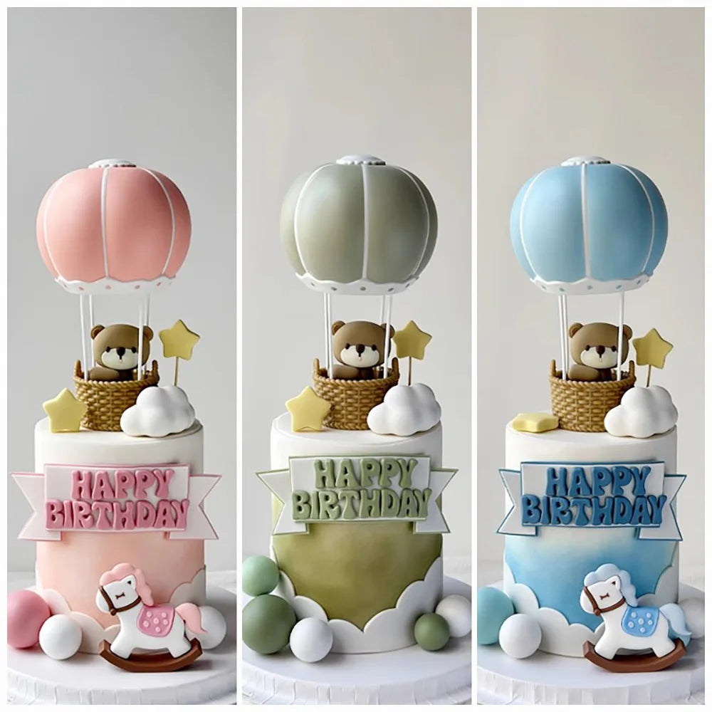 Bear Cake Toppers for Boy or Girl Baby Shower Children's Birthday Party Decoration Hot Air Balloon Cake Topper Pink Blue Green