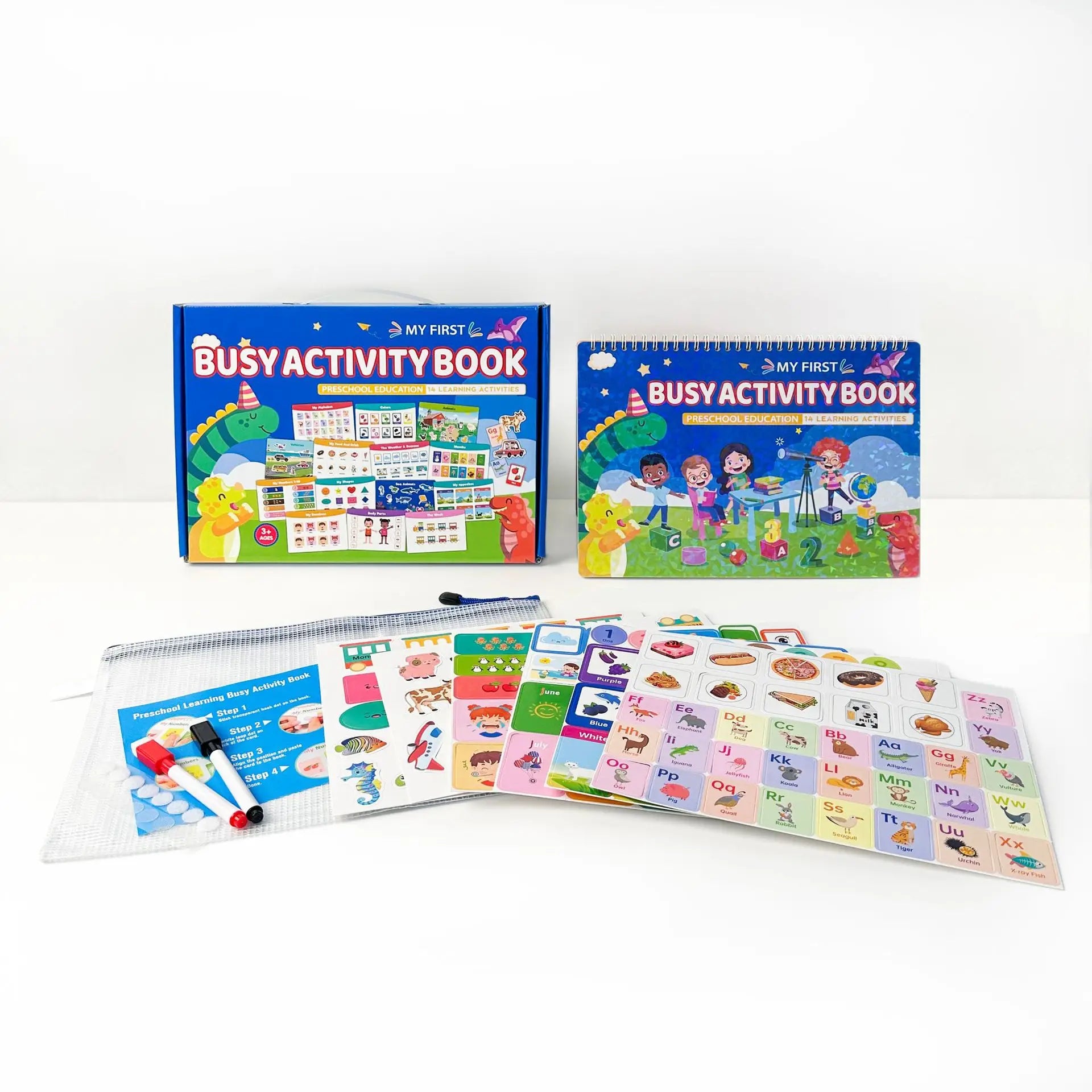 Kids Busy Book Activity Set - Montessori Learning, 14 Themes, Reusable Stickers & Drawing, Gift Box - Early Education Toy