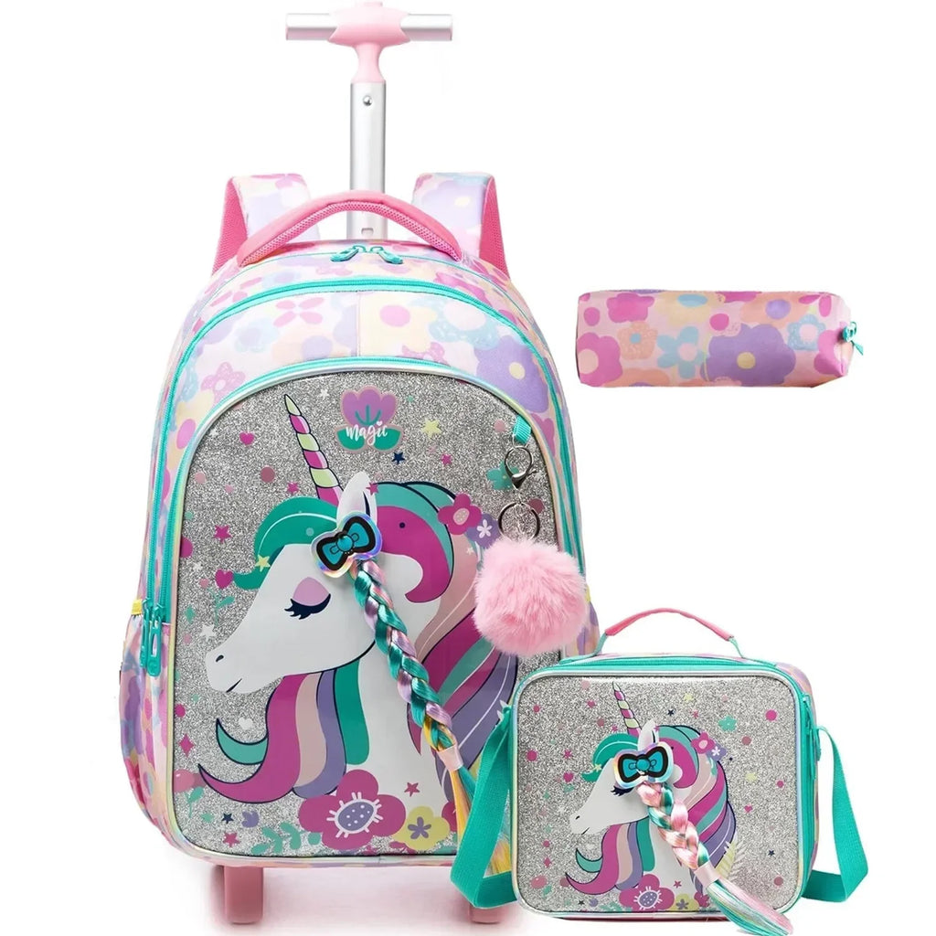 Children's School Backpack with Wheels Kids Wheeled School Bag Teenagers Bag Girls Canvas Backpack Travel Luggage Trolley Bags