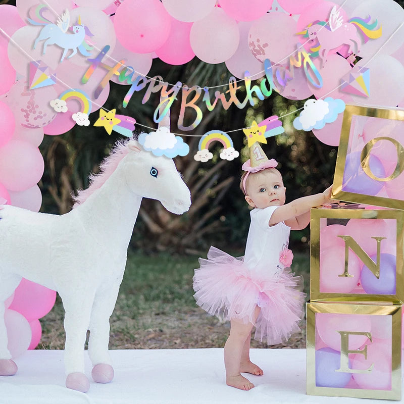 Unicorn Party Happy Birthday Paper Banner Hanging Garland Flag Unicorn Theme Kids 1st Birthday Party Decorations Baby Shower