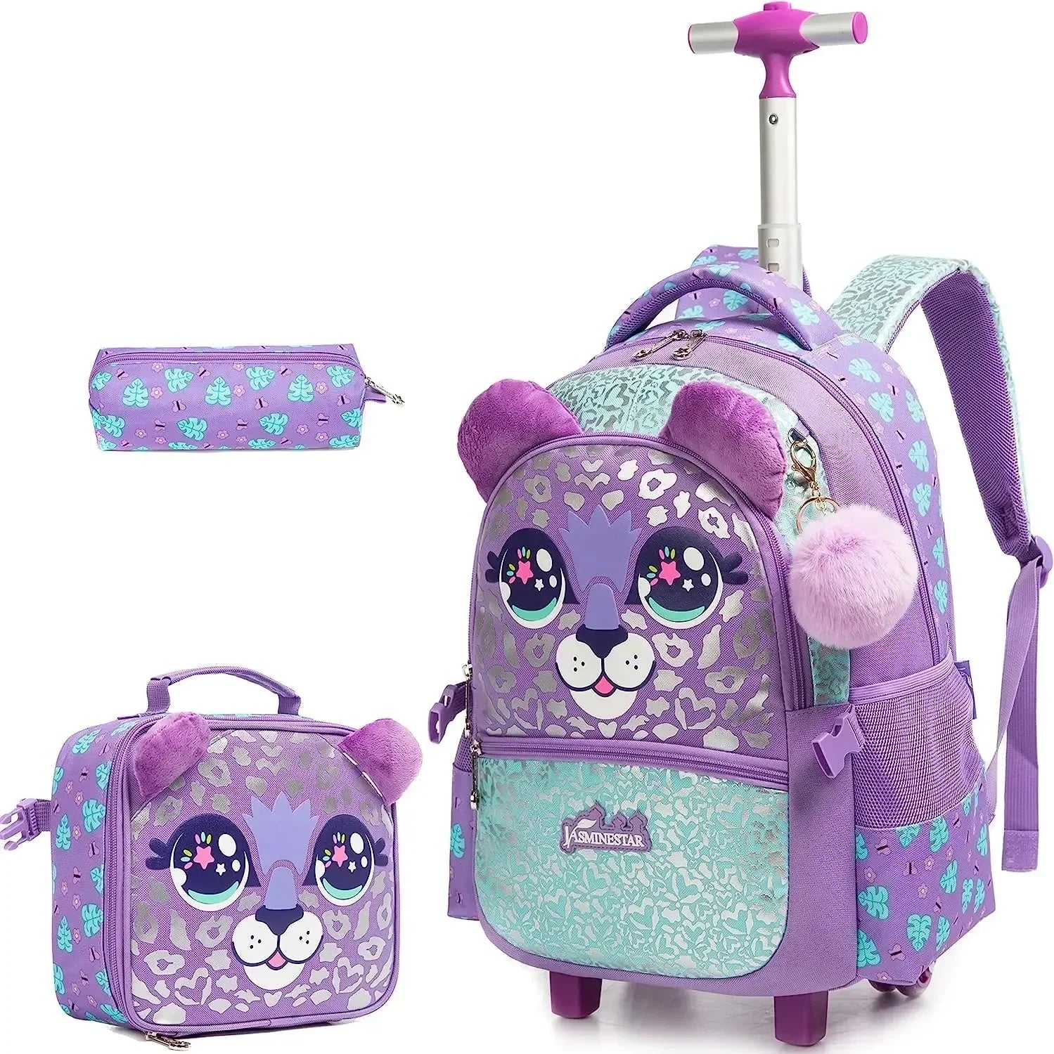 3PCS Cute Rolling Backpack for Girls Backpacks with Wheels for Elementary Students Kids 3 in 1 Travel Luggage Carry on Suitcase