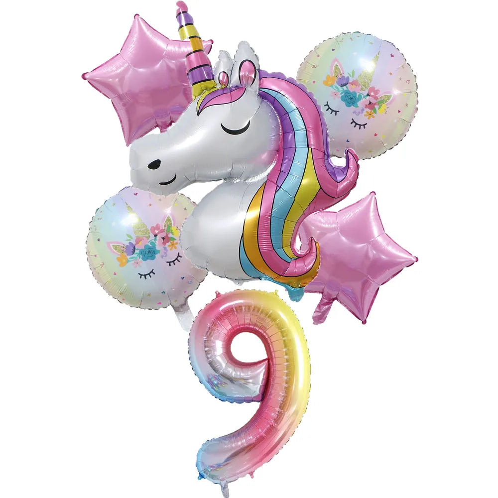 6pcs Rainbow Unicorn Balloon 32 Inch Number Foil Balloons 1st Kids Unicorn Theme Birthday Party Decorations Baby Shower Globos