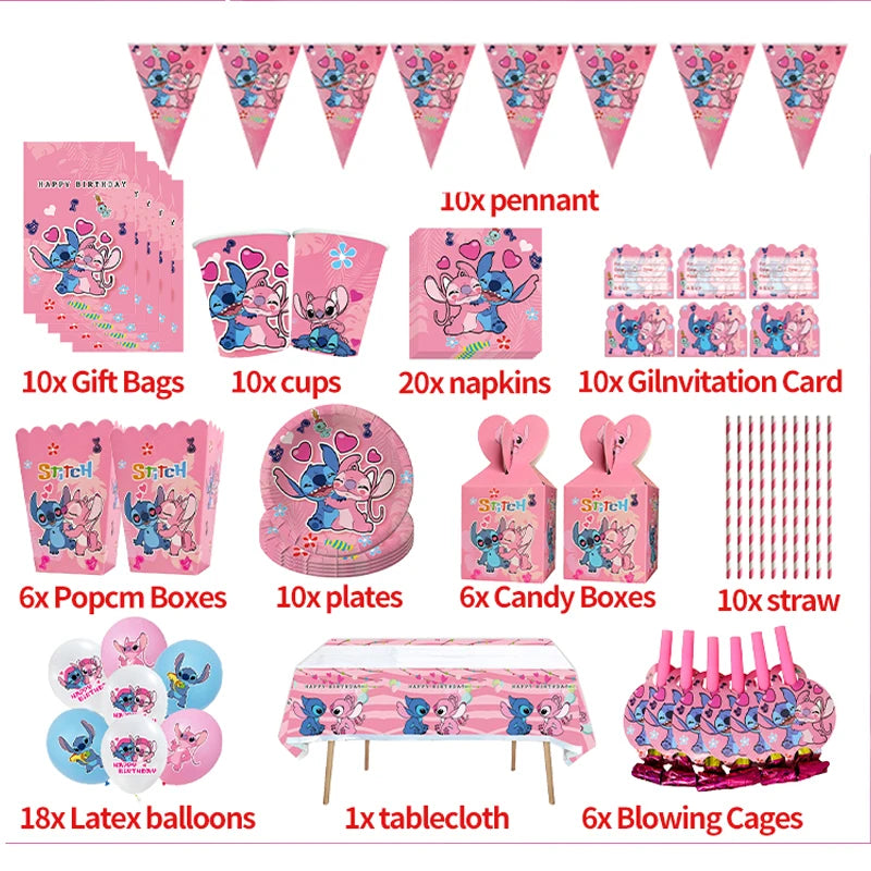 Lilo & Stitch Birthday Decorations Pink Girls Paper Cups Plates Napkins Cake Topper Tableware Set Balloons Decor Party Supplies
