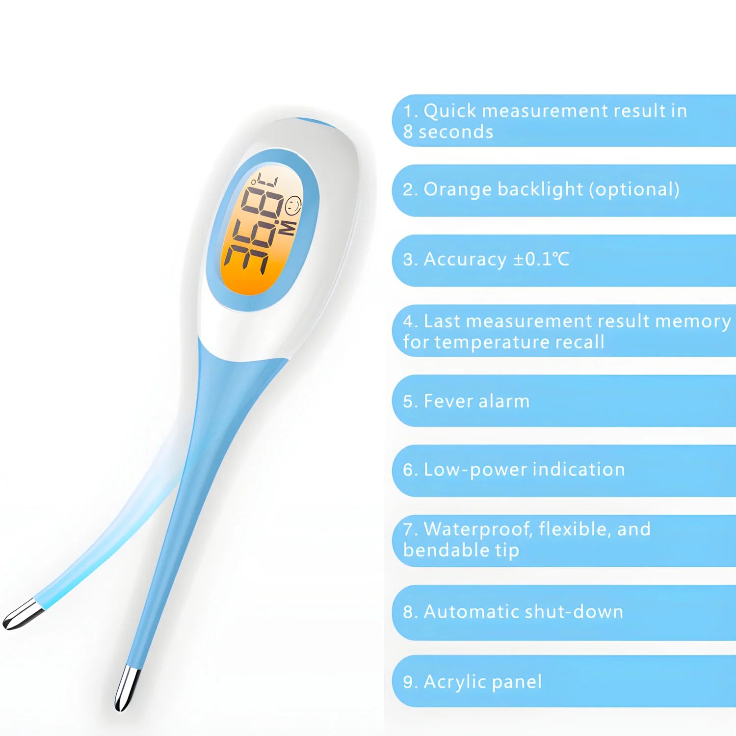 8 Seconds Backlit Fever Thermometer Medical Household Digital LCD Medical Fast Measure Kids Baby Child Adult Body Soft