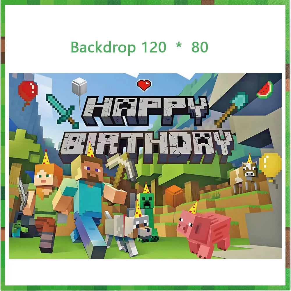 Miner Crafting Pixel Video Game Party Decor Disposable Tableware Backdrop For Kids Party Supplies Cup Plate Banner Toy Gifts