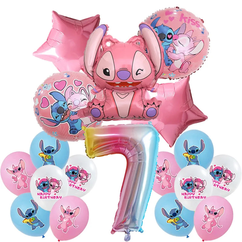 Stitch Birthday Party Decoration Pink Angel&Stitch Theme Event Supplies For Kids Balloon Disposable Tableware Banner Backdrop