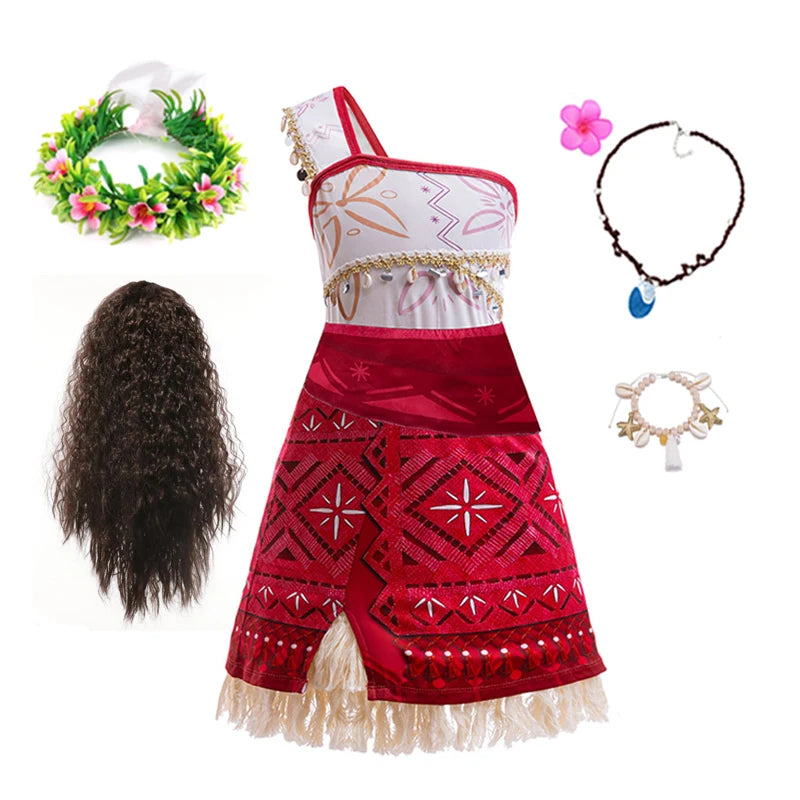 New Movie Moana 2 Dress Girls Cosplay Vaiana Princess Costume Girls One-Shoulder Suspender Dress Accessories Set