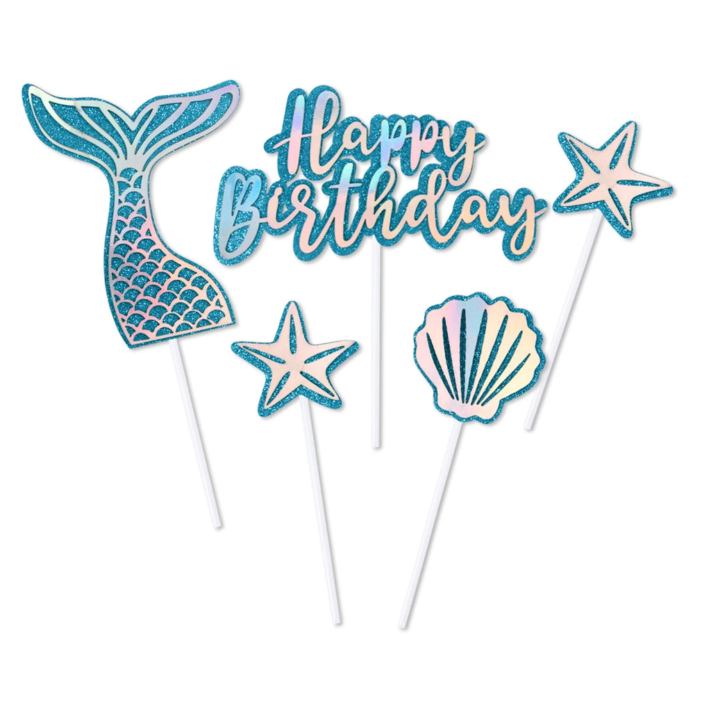 Mermaid Party Cake Decor Glitter Shell Starfish Mermaid Tail Cake Topper Under the Sea Girls 1st 2th Birthday Cupcake Topper