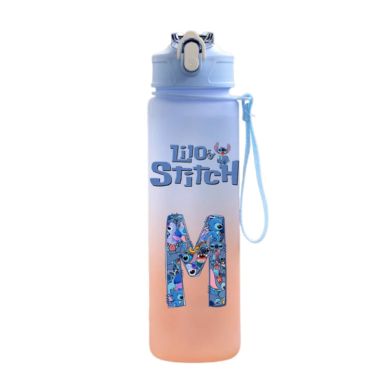 750ml Letter A-Z Printed Lilo Stitch Water Bottle Anime Large Capacity Drinking Cup Portable Outdoor Sports Water Cup kid Gift