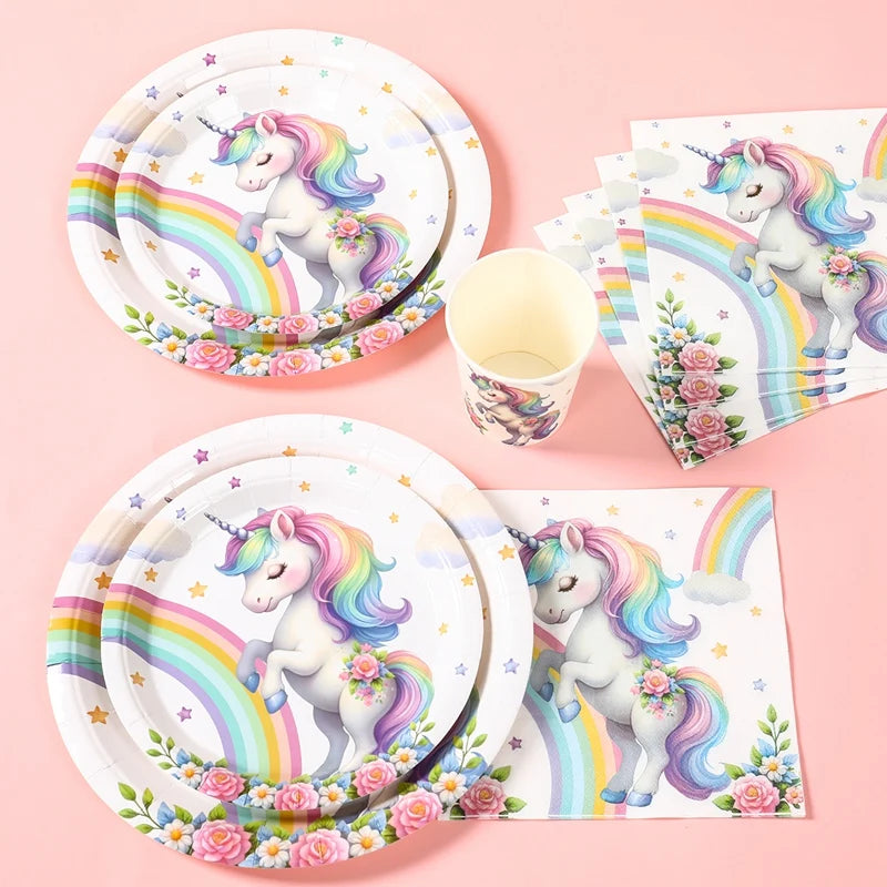 Rainbow Unicorn Disposable Tableware Happy 1st Birthday Party Decorations Kids Unicorn Theme Wedding Baby Shower Girls Supplies