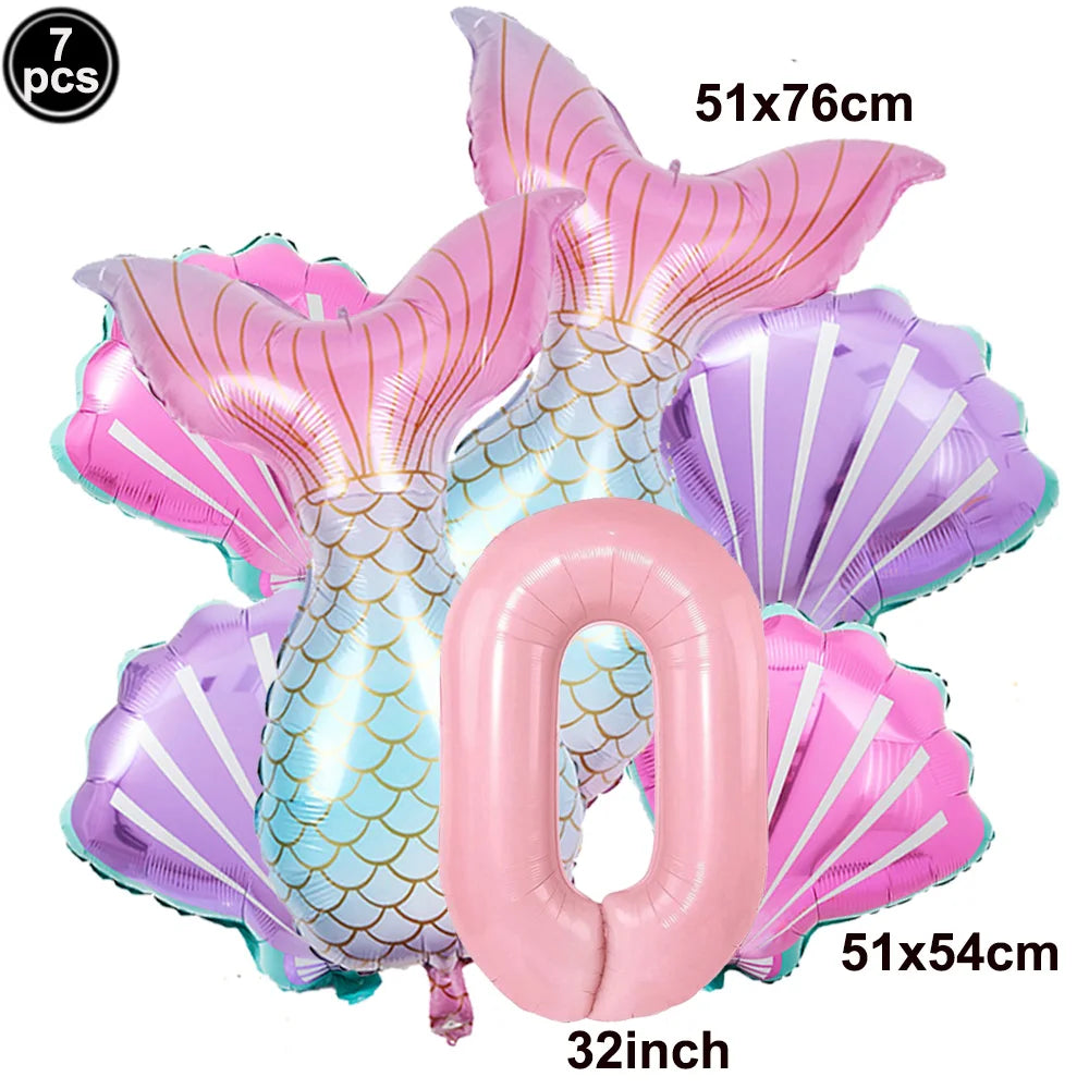 Mermaid Birthday Decorations 7 Pcs Mermaid Foil Balloon Mermaid Tail Balloon Mermaid Decor for 1st-9th Birthday Party Baby Showe