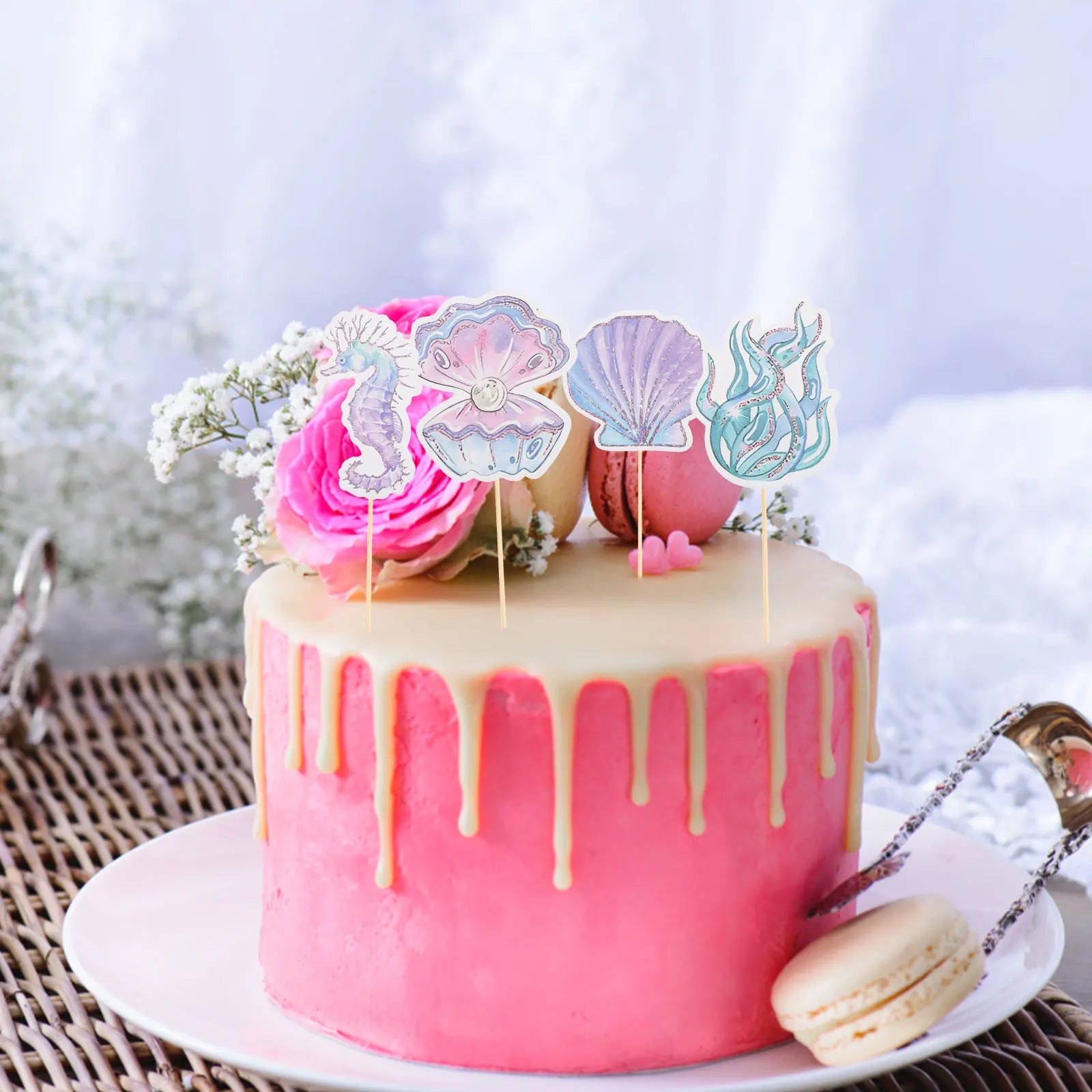 12Pcs Glitter Mermaid Cake Insert ornament Seahorse Star fish Cake Topper Cupcake Dessert Topper Baby Shower Birthday