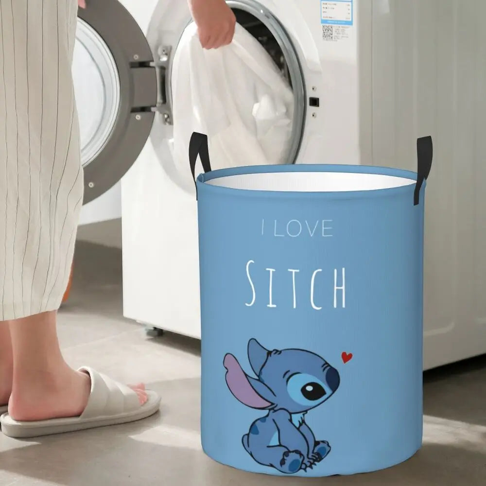 Custom Stitch Kiss Angel Love Heart Anime Laundry Hamper Large Clothes Storage Basket Toy Bin Organizer for Boy Girl