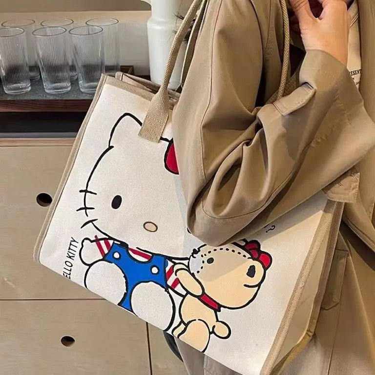 Hello Kitty Canvas Bag Sanrio Tote Bag Shoulder Storage Makeup Pouch Anime Handbag Travel Shopping Bag Kid Schoolbag Girl Gift