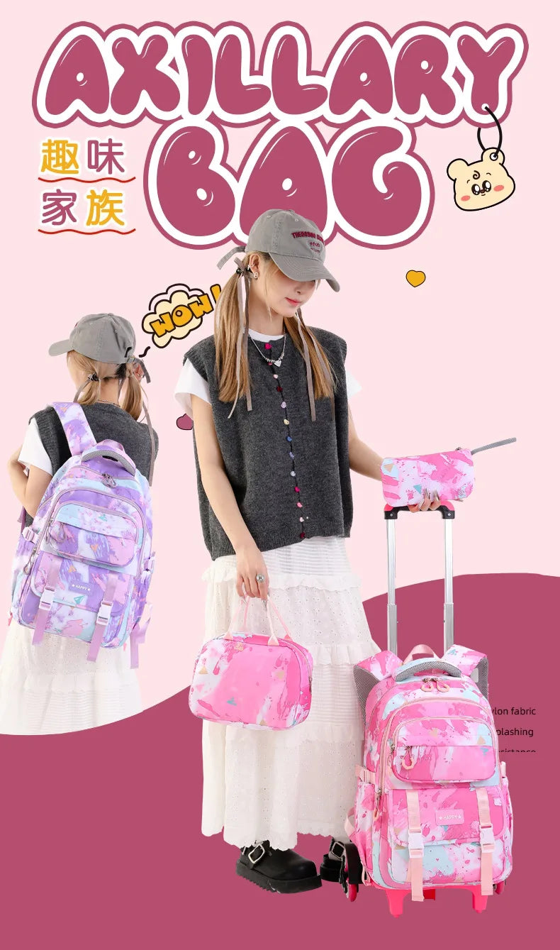 Kids School Backpack with Wheels Rolling Backpack for Girls Student Wheeled Backpack Trolley School Bag Travel Trolley Luggage