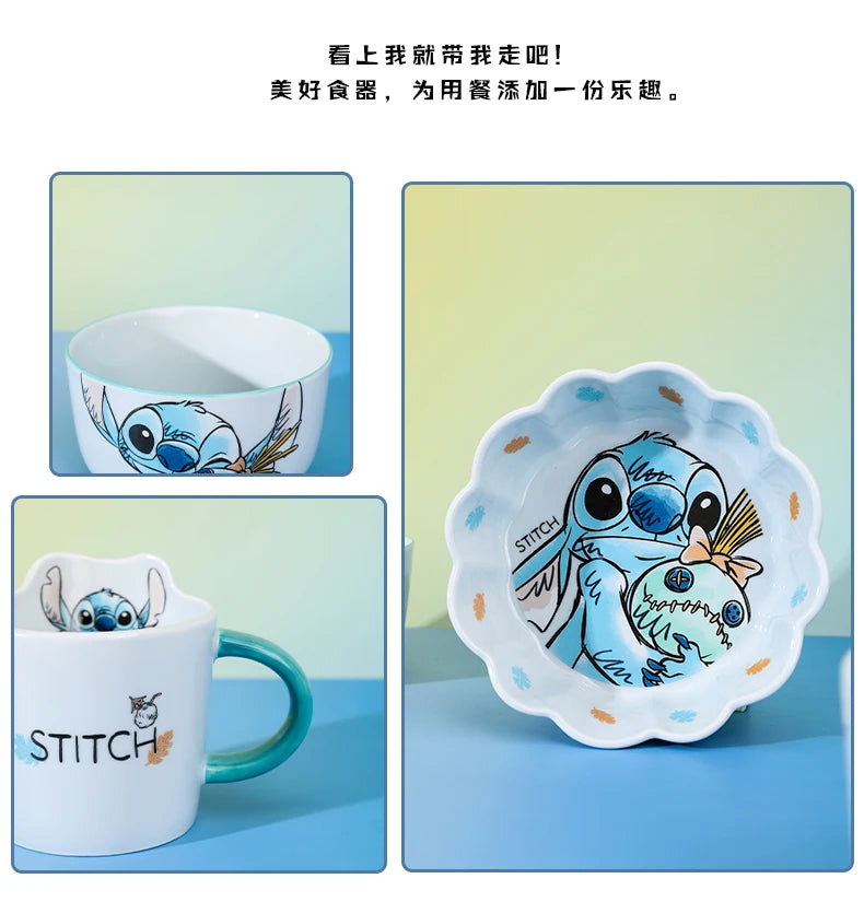 Stitch Salad Bowl Dinner Plates Household Ceramic Plate Cute Styling Rice Bowl Resistant Tableware Kids Water Cup Coffee Mug