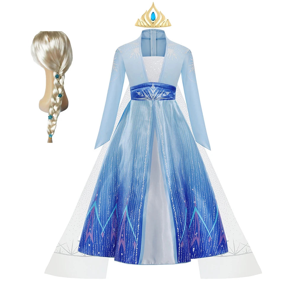 Elsa Costume for Girl Birthday Party Blue Long Sleeve Carnival Clothing Kids Princess Dress for Girls