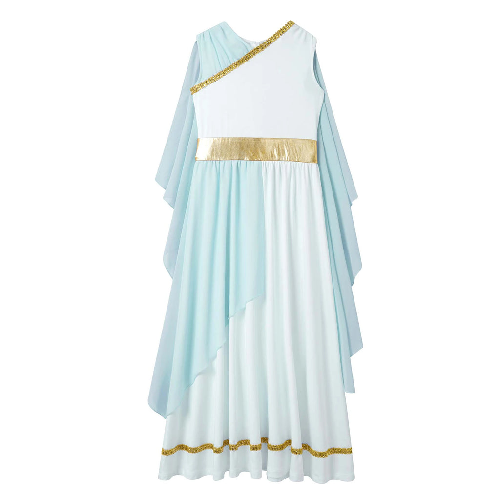 Kids Girls Ancient Greek Princess Toga Goddesses Costume Party Grecian Sleeveless Gown Dress Shawls Patchwork Flowy Tulle Dress