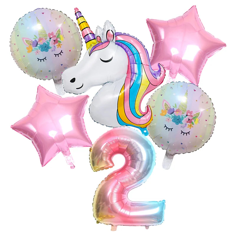 Rainbow Unicorn Foil Balloon 32inch Number Pink Star Balloons Unicorn Theme Kids Birthday Party Decorations Baby Shower Globos