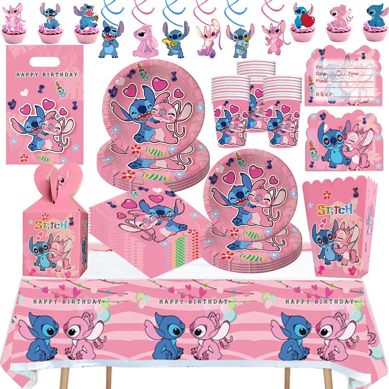 Lilo And Stitch Girl Party Birthday Decoration Set Party Supplies Tableware Stitch Balloon Banner Plate Napkin Tablecloth forkid