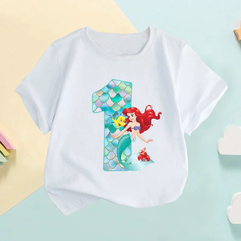 The Little Mermaid Ariel Princess Number Print Girls Clothes 1 2 3 4 5 6 7 8 9 Years Birthday Kids T shirt Baby T-Shirt,HKP2697