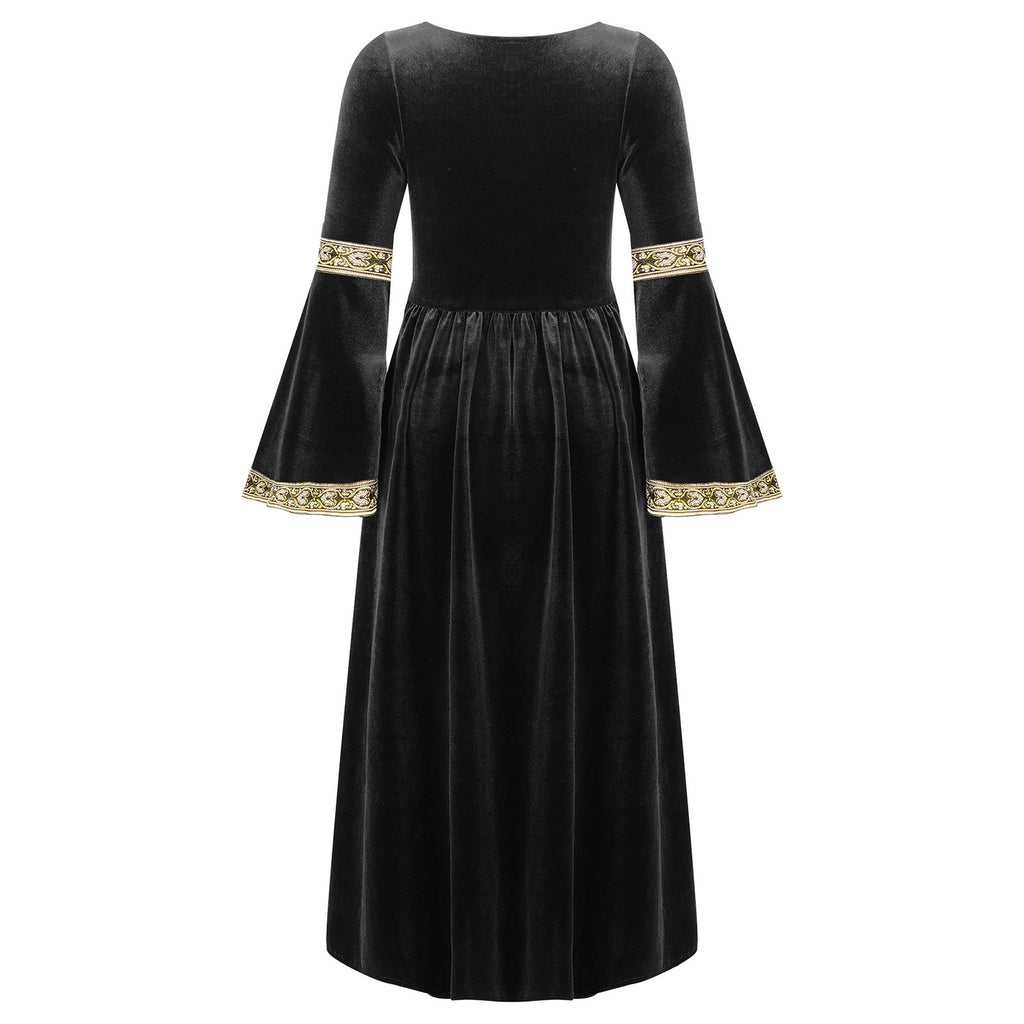 Kids Girls Medieval Renaissance Princess Costume Velvet Long Flare Sleeve Vintage Dress Gown Carnival Party Cosplay Dress Up