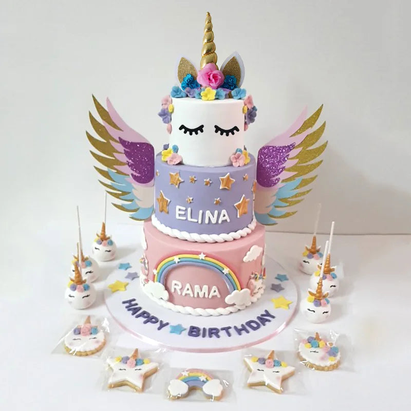 Unicorn Girls Cake Topper Kids 1st Birthday Decor Cloud Rainbow Balloon Cupcake Toppers Baby Shower Christening Cake Decorating