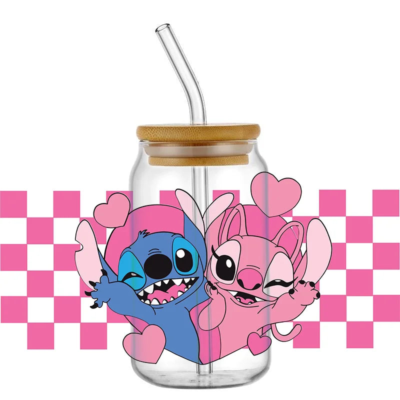 UV DTF Cup Mug Wraps Miniso Lovely Cartoon stitch 3D Transfer Sticker for 16oz Libbey Glasses  Cup Waterproof  DIY Sticker