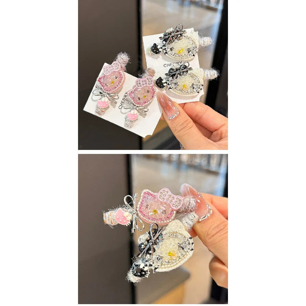 Sanrio Hello Kitty Girls Hair Clip Fashion Cartoon KT Cat Women Rhinestone Bow Hairpin Charm Girls Hair Accessories Gifts