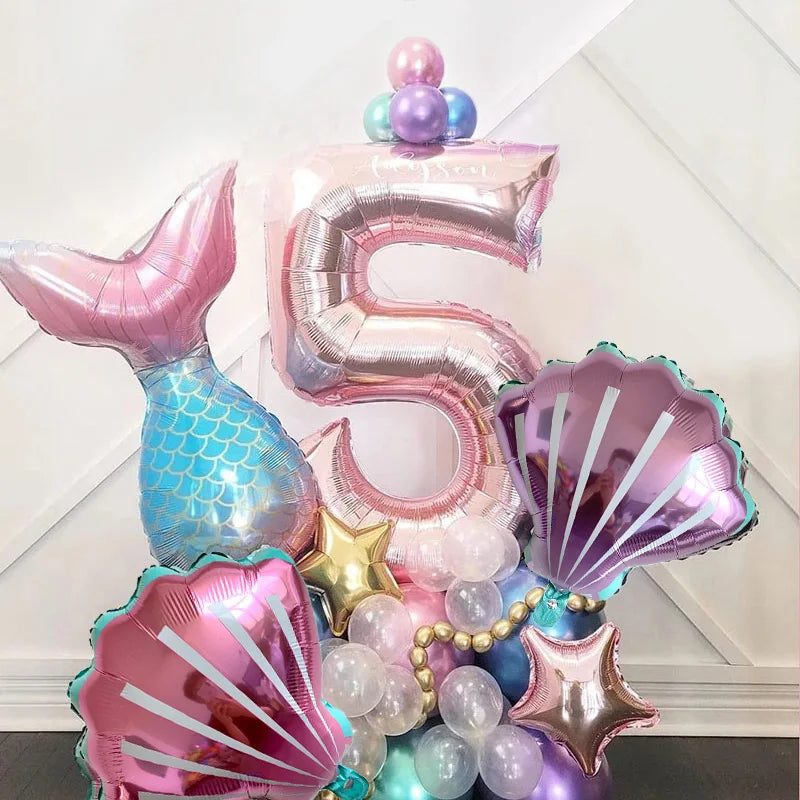 Little Mermaid Theme Party 1-9 Number Foil Balloon Set with Mermaid Tail Balloons Kids Birthday Party Decoration Supplies