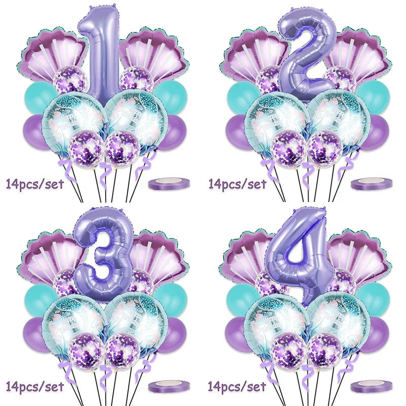 Mermaid Birthday Balloons Set 32inch Purple Number Shell Foil Ballon Girls Happy Little Mermaid 1st 2nd 3rd 4th Birthday Balloon