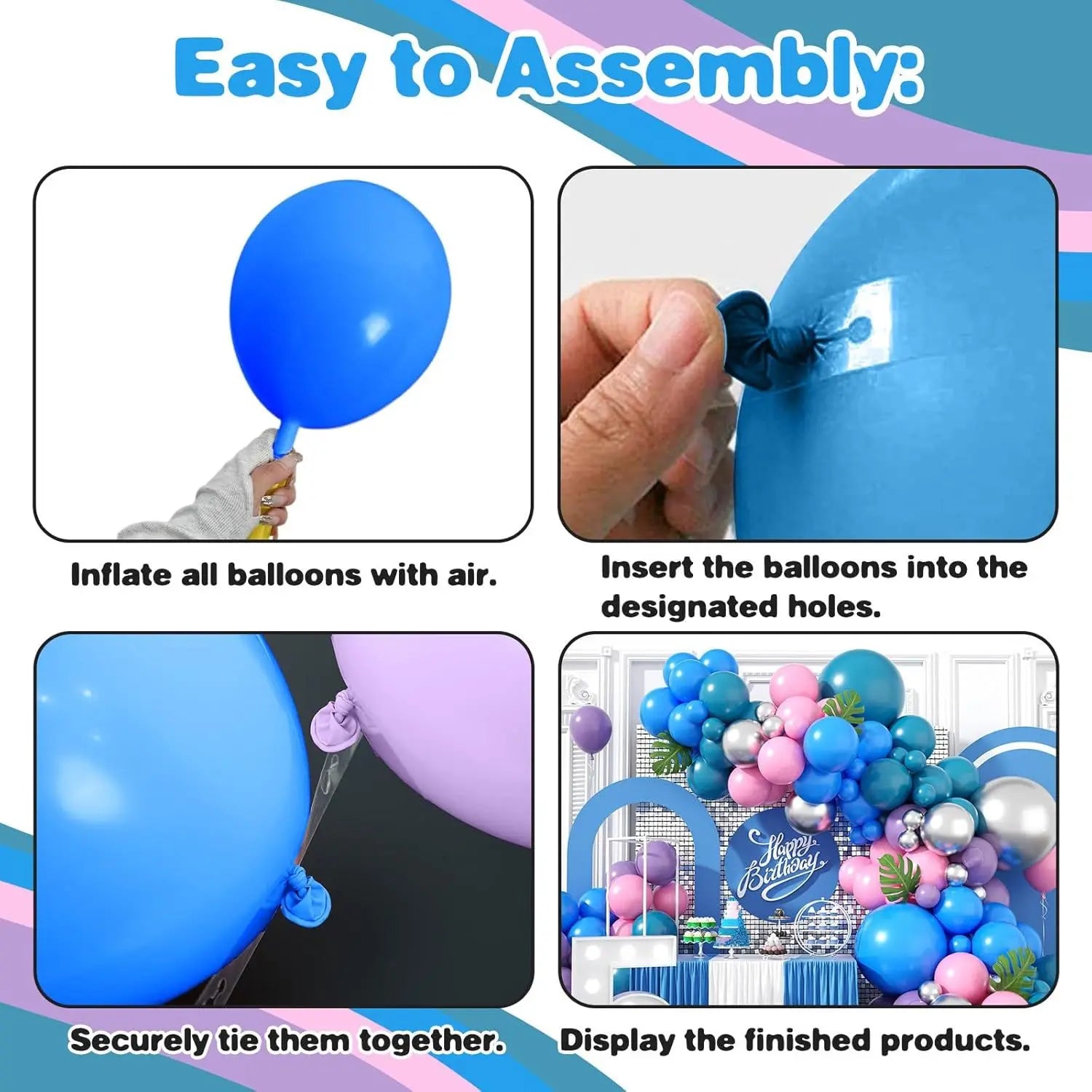 115pcs Purple Pink Blue Metallic Silver Balloon Arch Garland Kit for Birthday Decorations, Party Indoor and Outdoor Decorations