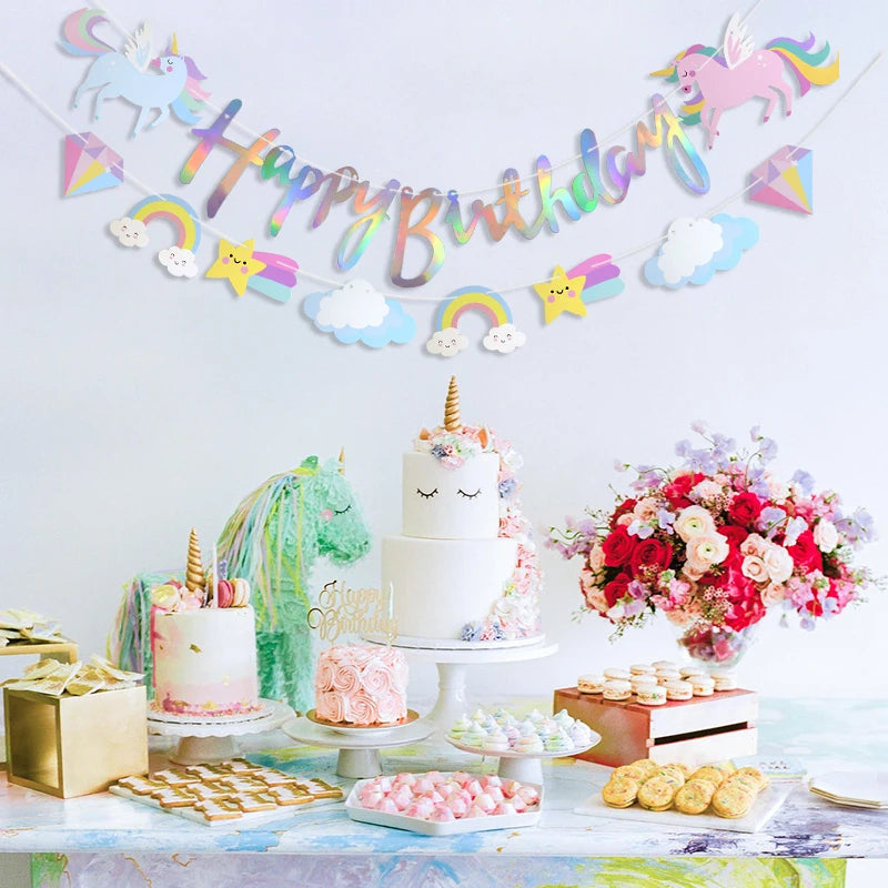 3M Girls Unicorn Birthday Banner Bunting Cute Cloud Star Happy Birthday Banner Paper Garland For Baby Shower Party Hanging Decor