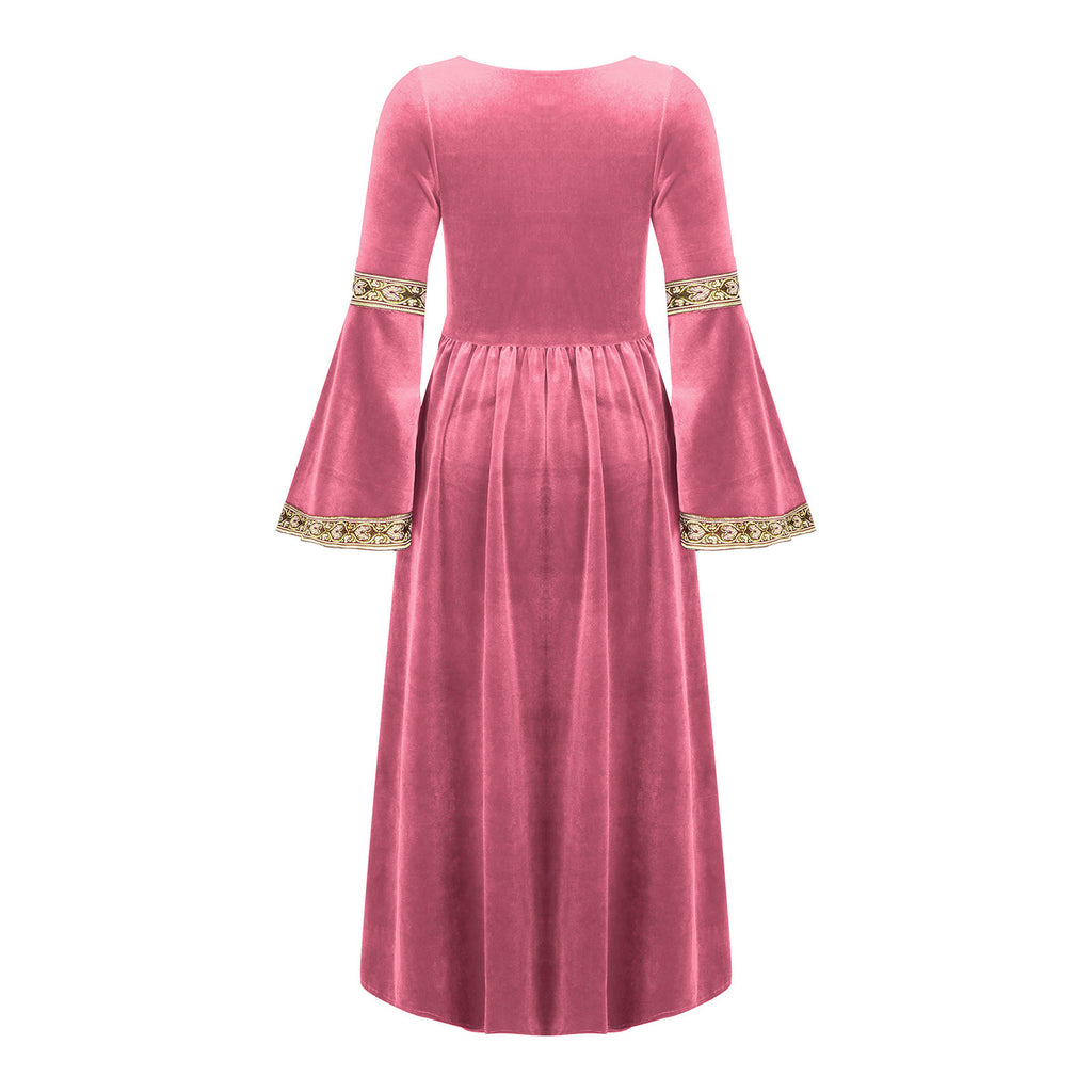 Kids Girls Medieval Renaissance Princess Costume Velvet Long Flare Sleeve Vintage Dress Gown Carnival Party Cosplay Dress Up