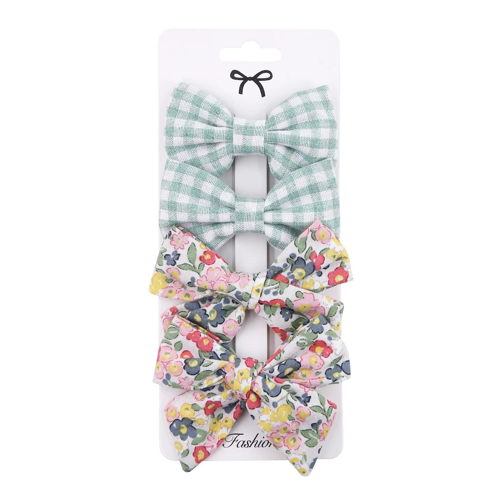 4Pcs/set Floral Print Hair Bow Clips Baby Girls Lace Cotton Linen BB Barrettes Safety Hairpins Korea Kids Headwear Accessories