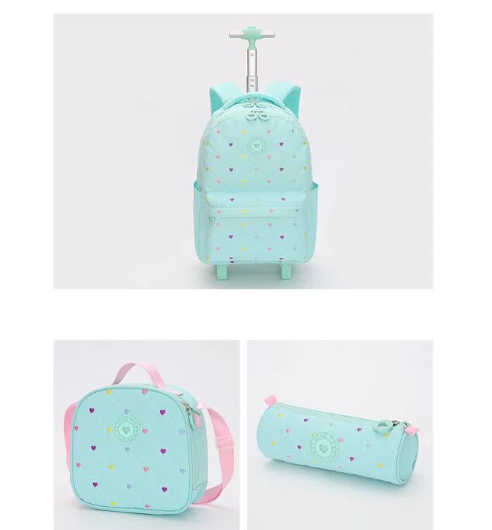 Rolling Backpack for Girls School Backpack with wheels Girls Travel Backpack Suitcases with Wheels Kids Backpack with Lunch Box