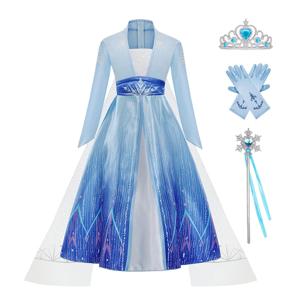 Elsa Costume for Girl Birthday Party Blue Long Sleeve Carnival Clothing Kids Princess Dress for Girls